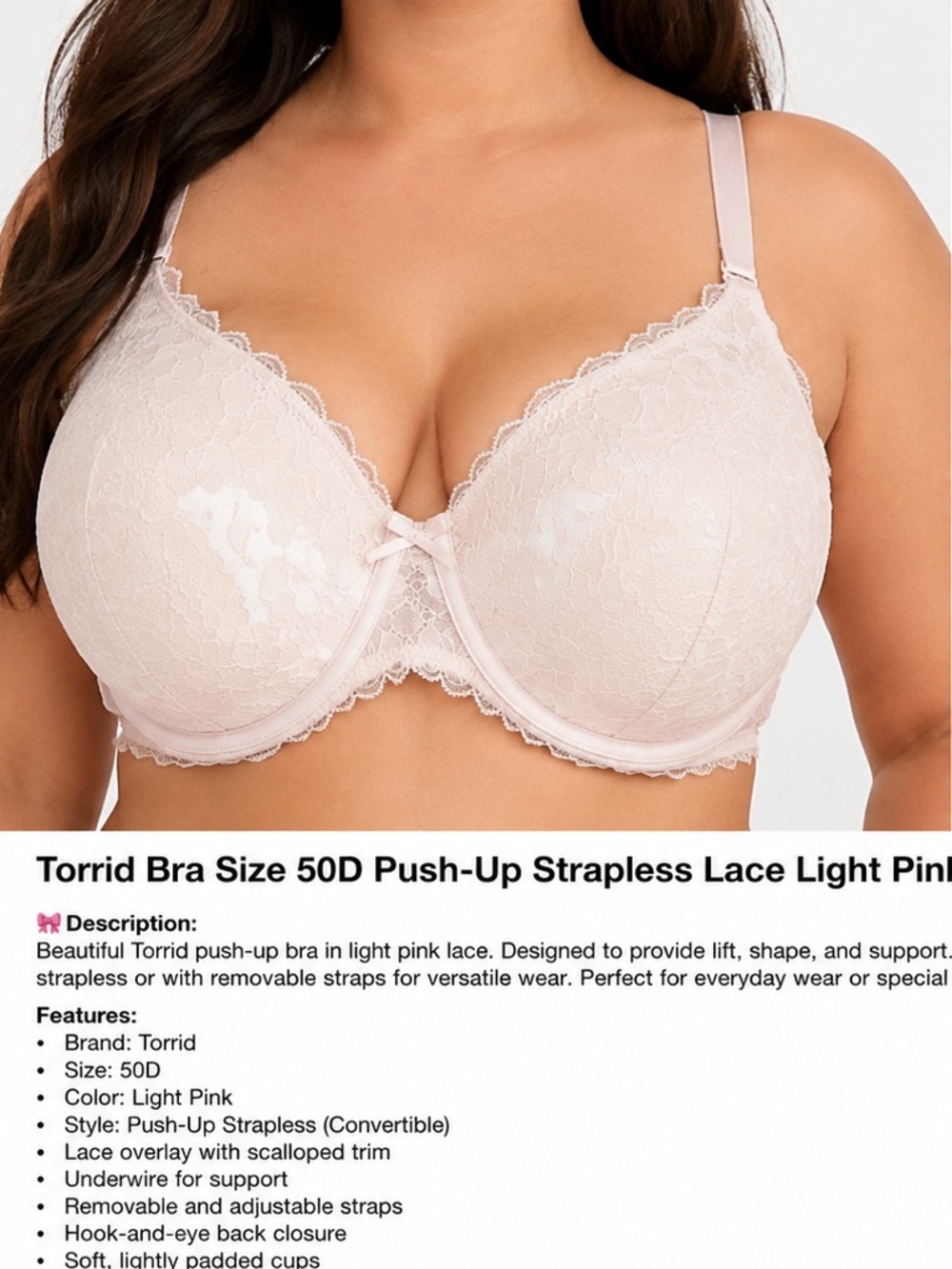 Torrid Bra Size 50D Light Pink Lace Push-Up Strapless Underwire Convertible